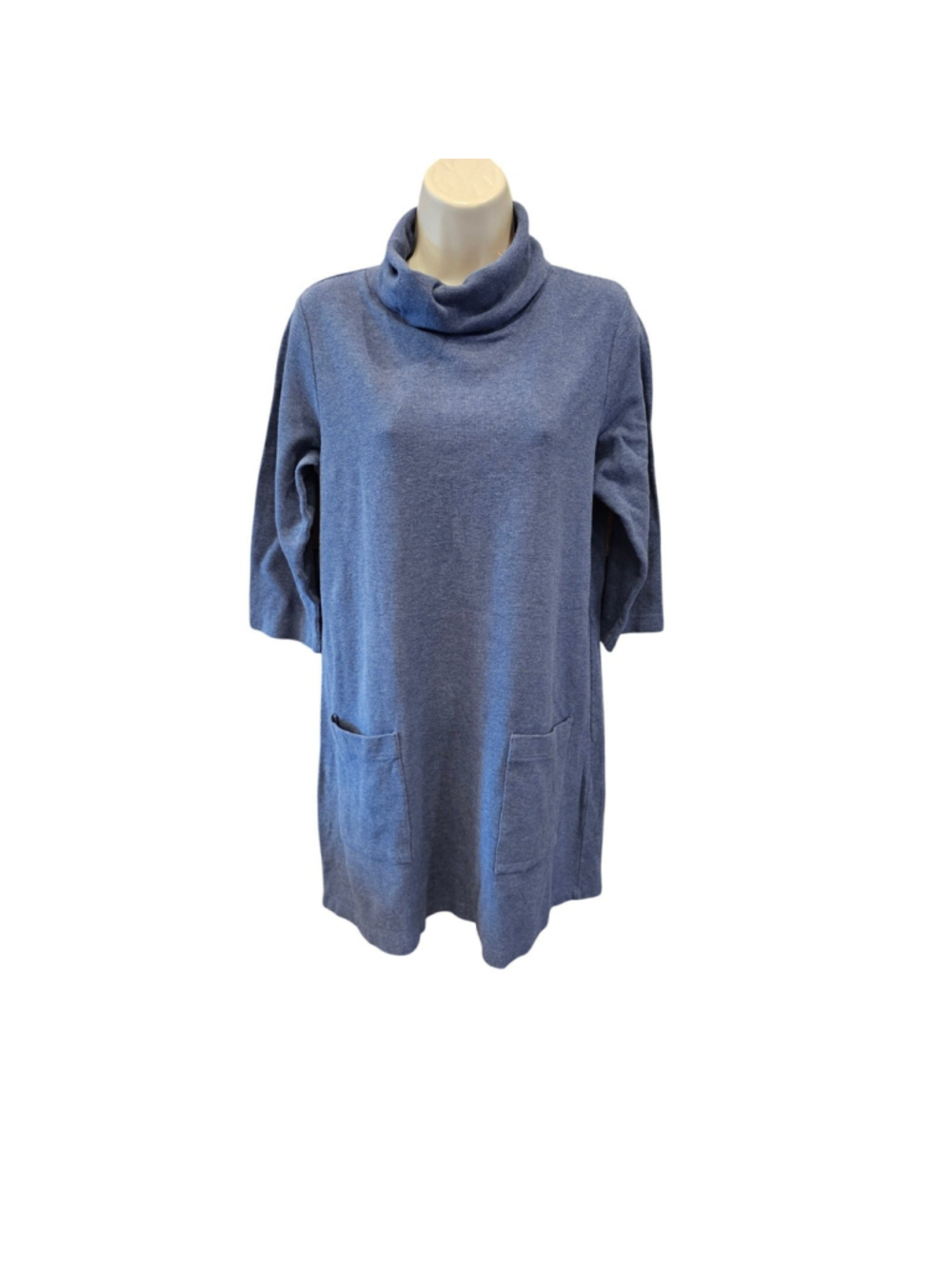 Vintage Blue Cowl Neck Sweater Dress with Pockets M Cozy Casual Knit Tunic Dress - Picture 2 of 7